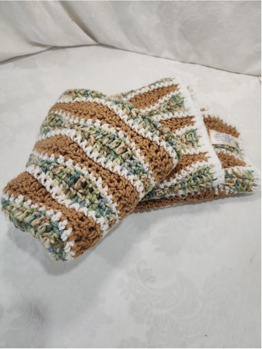 Hand Crocheted Baby Afghan Blanket Brown Green White Ripple 36 x 40 - Picture 6 of 6